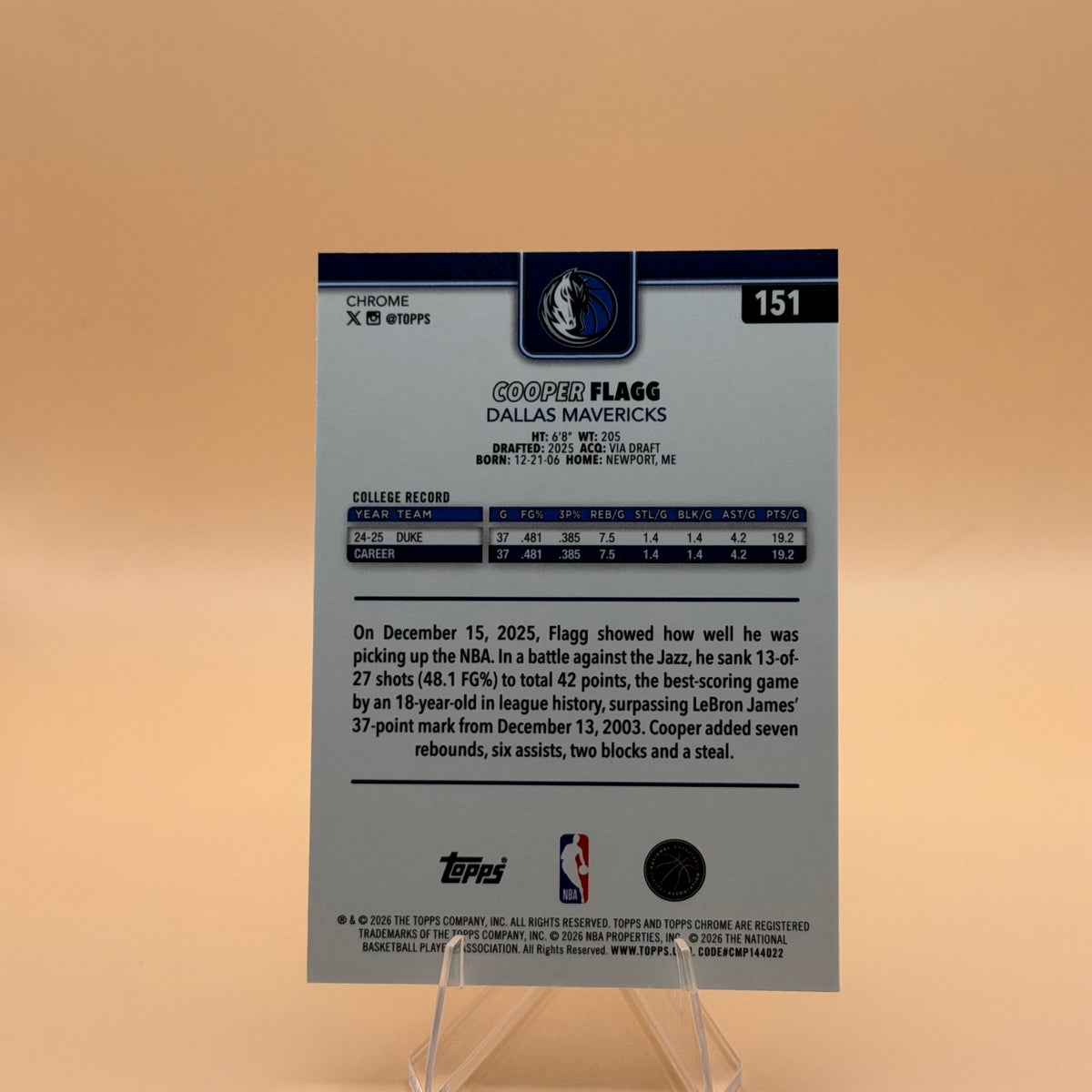 2025-26 Topps Chrome Updates Cooper Flagg RC #151 Dallas Mavericks Rookie