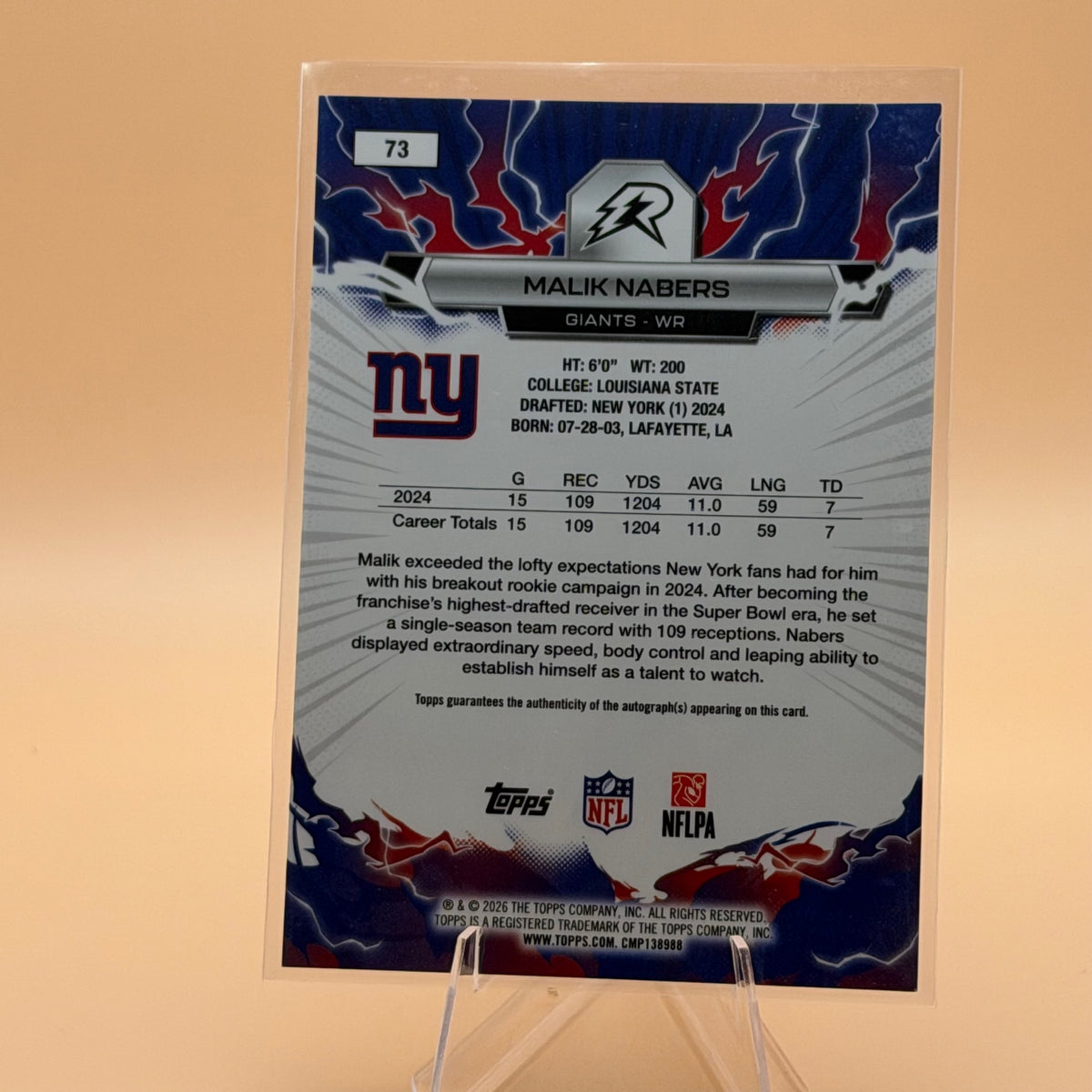 2025 Topps Resurgence Malik Nabers Auto Blue Surge /99 #73 Giants 65/99